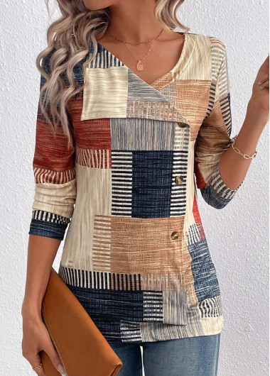 ROTITA Asymmetry Plaid Light Camel Asymmetrical Neck T Shirt