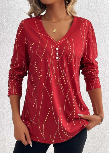ROTITA Button Geometric Print Wine Red V Neck T Shirt