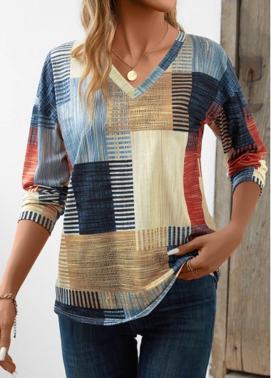 Geometric Print V Neck Long Sleeve T Shirt