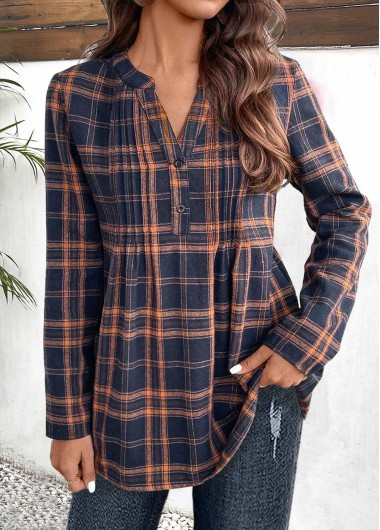 ROTITA Tuck Stitch Plaid Navy Split Neck Long Sleeve Blouse