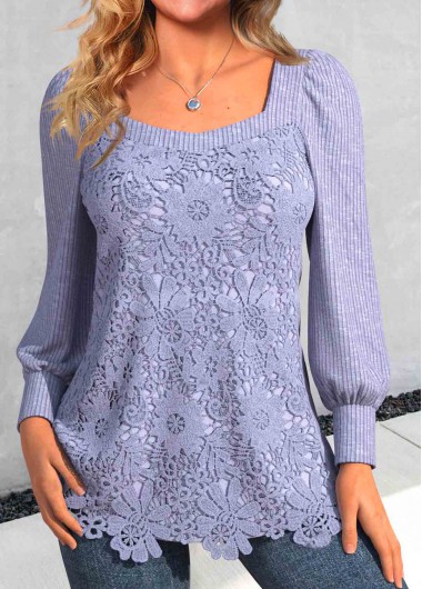 ROTITA Lace Light Purple Square Neck Long Sleeve T Shirt