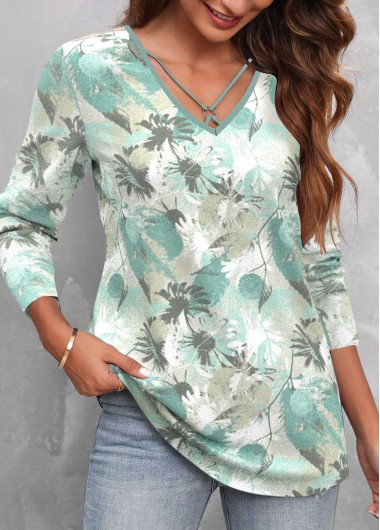 ROTITA Circular Ring Floral Print Green V Neck T Shirt
