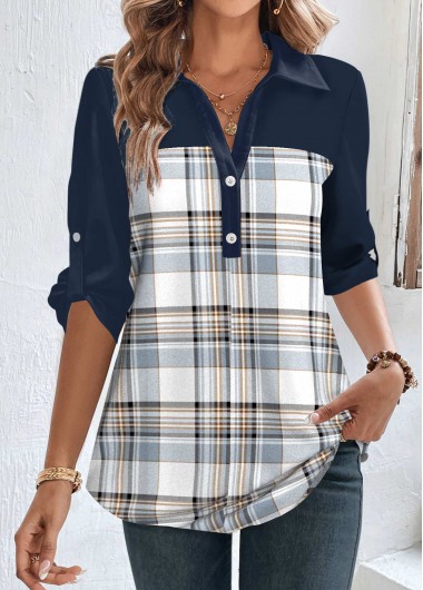 ROTITA Patchwork Plaid Blue Shirt Collar Half Sleeve Blouse