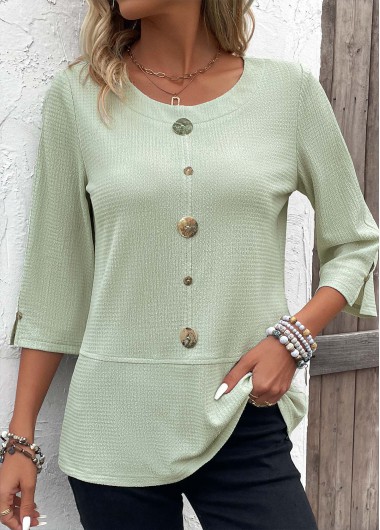 ROTITA Button Light Green Round Neck Blouse