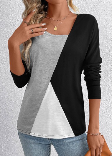 Patchwork Geometric Print Black Asymmetrical Neck T Shirt