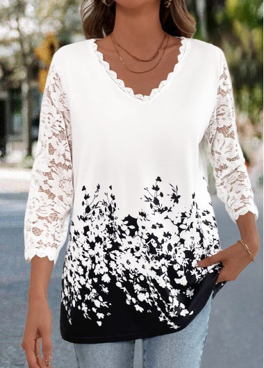 Lace Floral Print White V Neck T Shirt