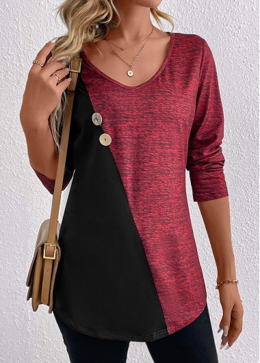 Patchwork Wine Red V Neck Long Sleeve T Shirt