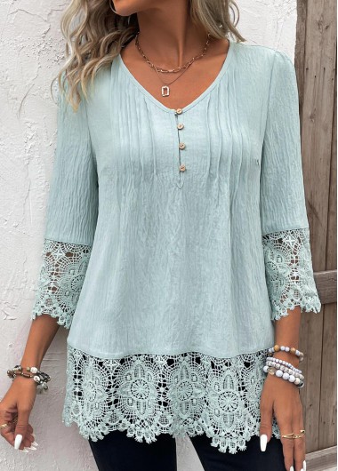 ROTITA Tuck Stitch Light Green V Neck T Shirt