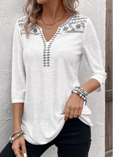 ROTITA Patchwork Floral Print White Split Neck 3/4 Sleeve Blouse