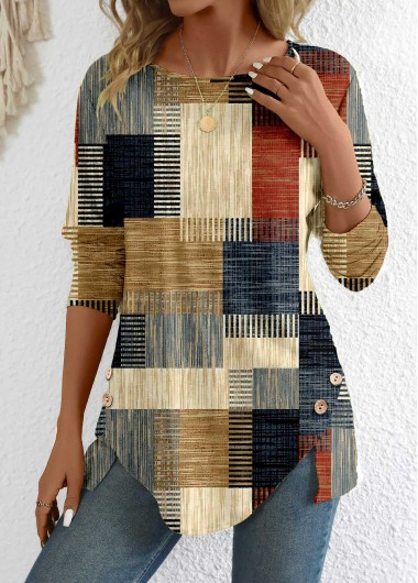 ROTITA Button Geometric Print Brick Red Round Neck T Shirt