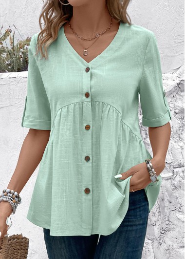 ROTITA Patchwork Light Green V Neck Short Sleeve Blouse
