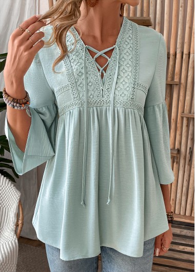ROTITA Patchwork Light Green V Neck 3/4 Sleeve Shirt