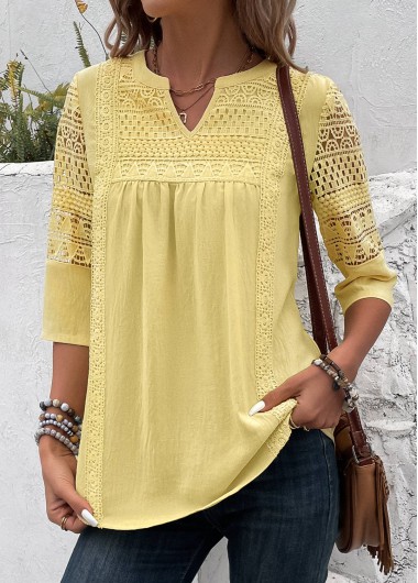 ROTITA Patchwork Light Yellow Split Neck 3/4 Sleeve Blouse