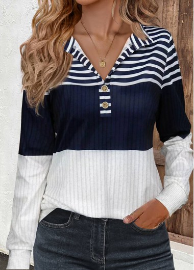 ROTITA Button Striped Navy Turn Down Collar Long Sleeve Sweatshirt