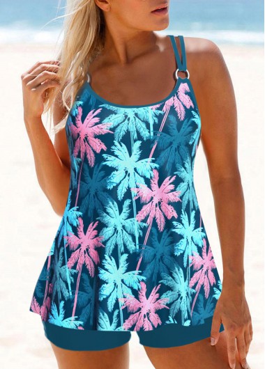 ROTITA Circular Ring Peacock Blue Tropical Plants Print Tankini Set