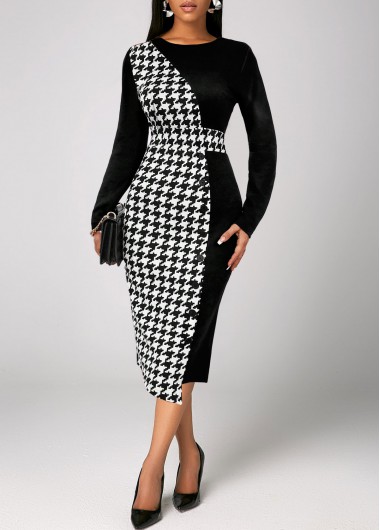 ROTITA Patchwork Plaid Black Round Neck Long Sleeve Dress