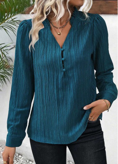 ROTITA Frill Peacock Blue Split Neck Long Sleeve Blouse