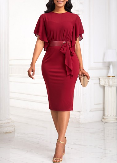 ROTITA Tie Wine Red Belted Round Neck Bodycon Dress