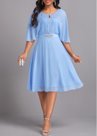 ROTITA Hot Drilling Light Blue Round Neck 3/4 Sleeve Dress