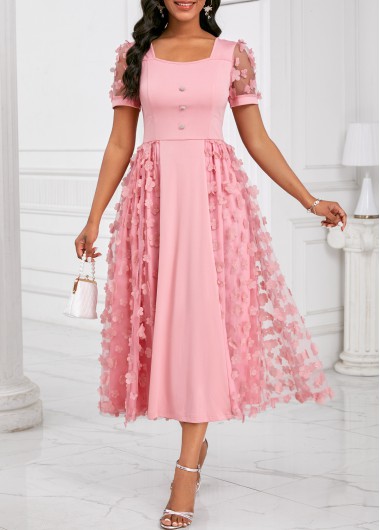 ROTITA Burn Out Printing Pink Square Neck Short Sleeve Dress