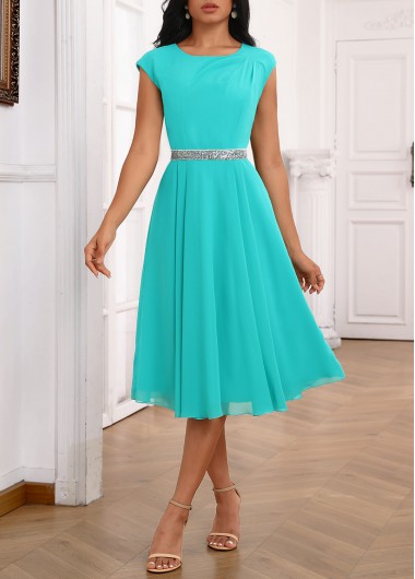 ROTITA Sequin Peacock Blue Boat Neck Short Sleeve Dress