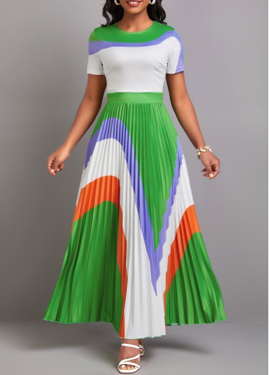 ROTITA Pleated Green Round Neck Short Sleeve Dress