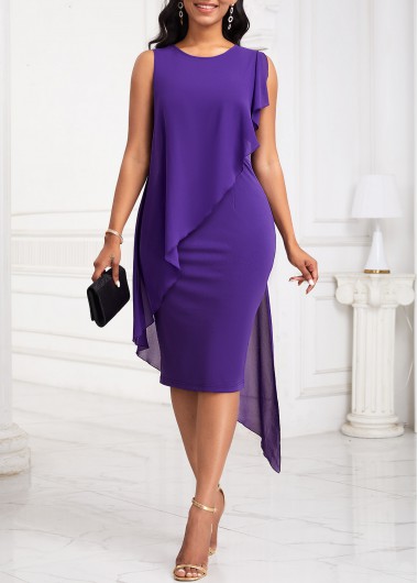 ROTITA Patchwork Purple High Low Round Neck Sleeveless Bodycon Dress