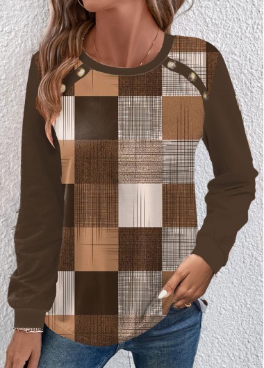 ROTITA Button Geometric Print Dark Coffee Round Neck T Shirt