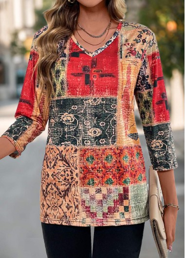 Patchwork Tribal Print Multi Color V Neck T Shirt