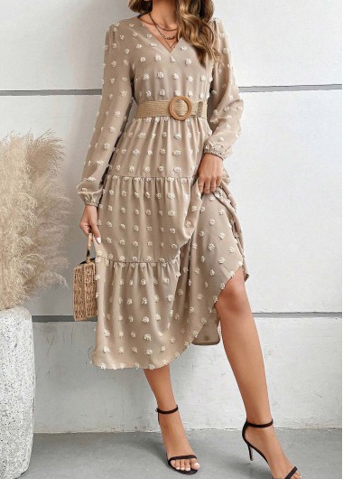 ROTITA Ruched V Neck Light Camel Long Sleeve Dress