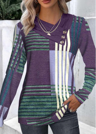 ROTITA Patchwork Geometric Print Asymmetrical Neck Long Sleeve T Shirt