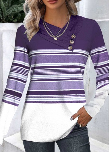 ROTITA Button Striped Asymmetrical Neck Long Sleeve T Shirt