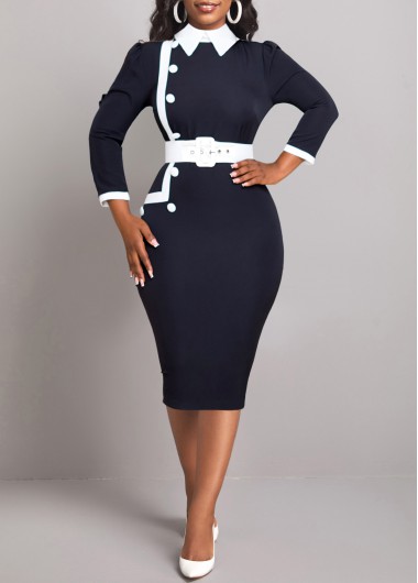 ROTITA Contrast Binding Black Belted Polo Collar Dress