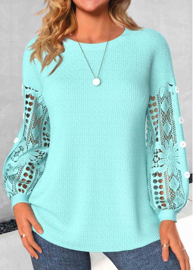 ROTITA Lace Mint Green Round Neck Long Sleeve Sweatshirt