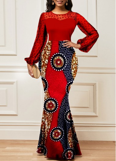 ROTITA Lace Tribal Print Red Round Neck Maxi Bodycon Dress