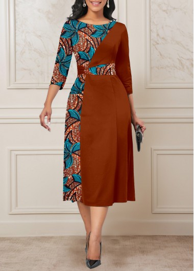 ROTITA Patchwork Tribal Print Dark Coffee Round Neck Dress