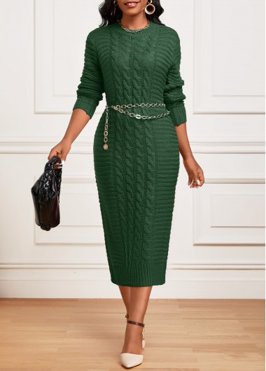 ROTITA Twisted Green Round Neck Long Sleeve Dress