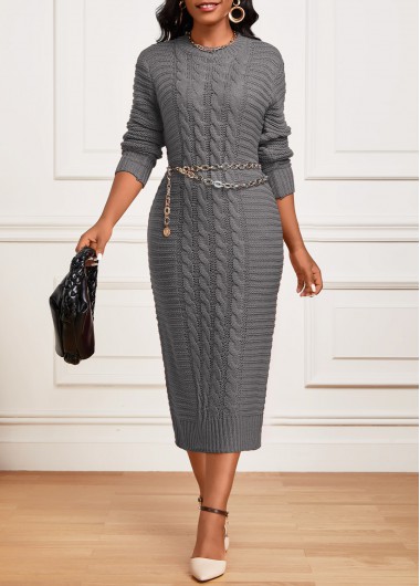 ROTITA Dark Grey Round Neck Long Sleeve Bodycon Dress