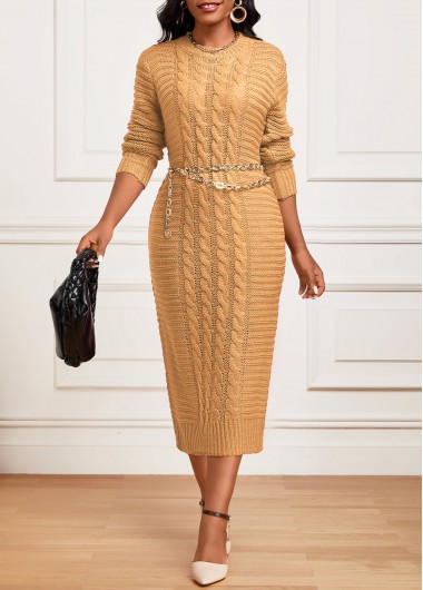 ROTITA Light Camel Round Neck Long Sleeve Dress