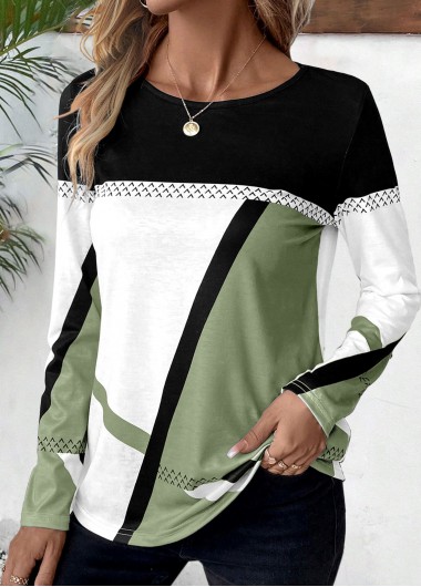 ROTITA Patchwork Geometric Print Avocado Green Round Neck T Shirt