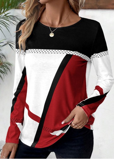 ROTITA Patchwork Geometric Print Wine Red Round Neck T Shirt