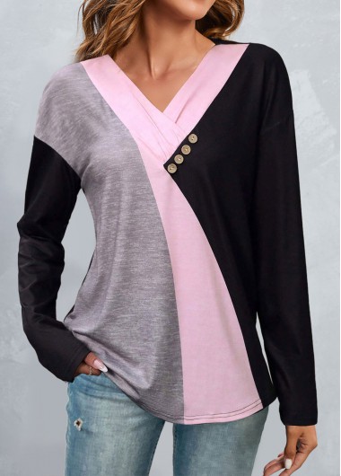 ROTITA Patchwork Black V Neck Long Sleeve T Shirt