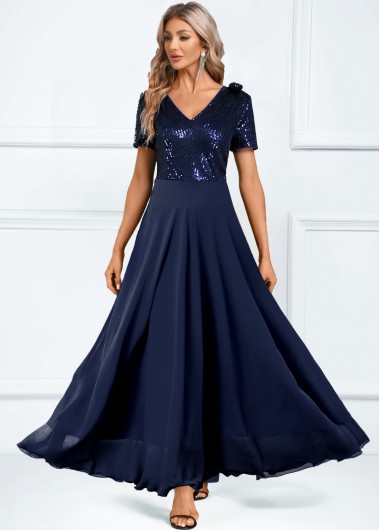 ROTITA Sequin Navy V Neck Short Sleeve Dress