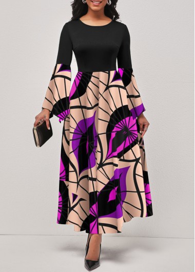 ROTITA Hanky Sleeve Tribal Print Black Round Neck Dress