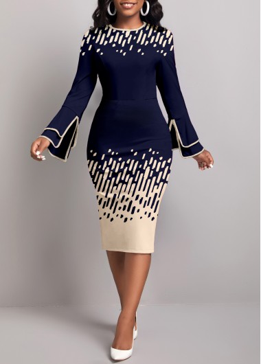 ROTITA Contrast Binding Geometric Print Navy Round Neck Dress