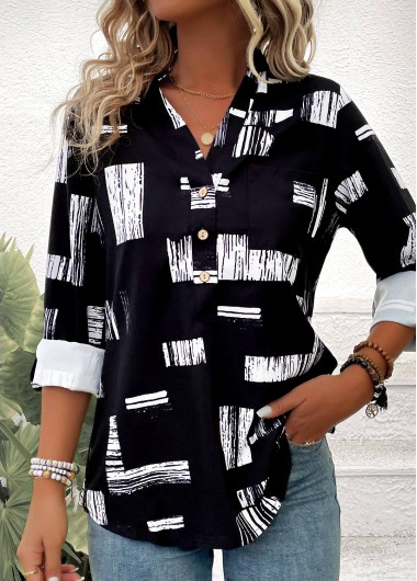 ROTITA Button Geometric Print Black V Neck Long Sleeve Blouse