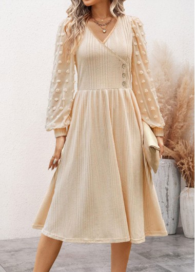 ROTITA Patchwork Beige V Neck Long Sleeve Dress