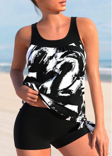 ROTITA Bowknot Black Graffiti Print Tankini Top