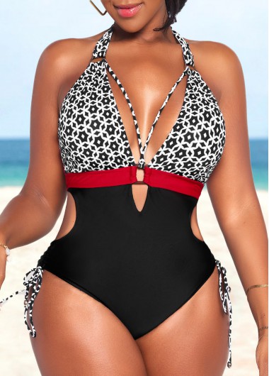ROTITA Cut Out Black Geometric Print One Piece Swimwear
