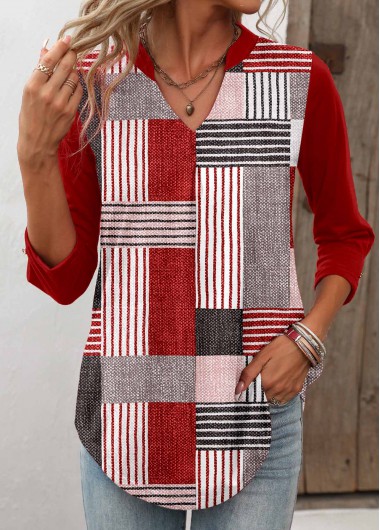 ROTITA Geometric Print Wine Red T Shirt